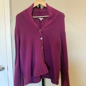 J Jill Purple Textured Knit Shawl Collar Cardigan 100% Cotton Sweater Size L